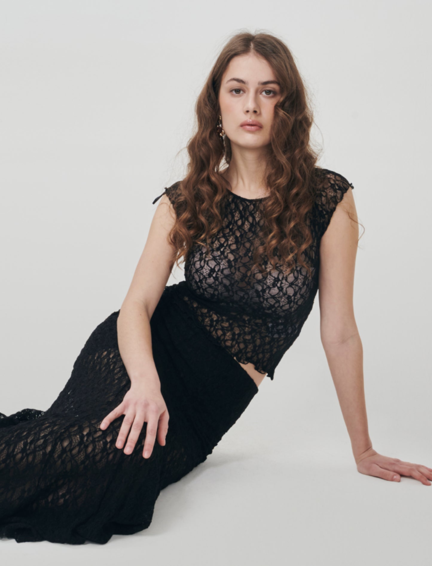 Gonna lunga in pizzo con elastico vita - Nero