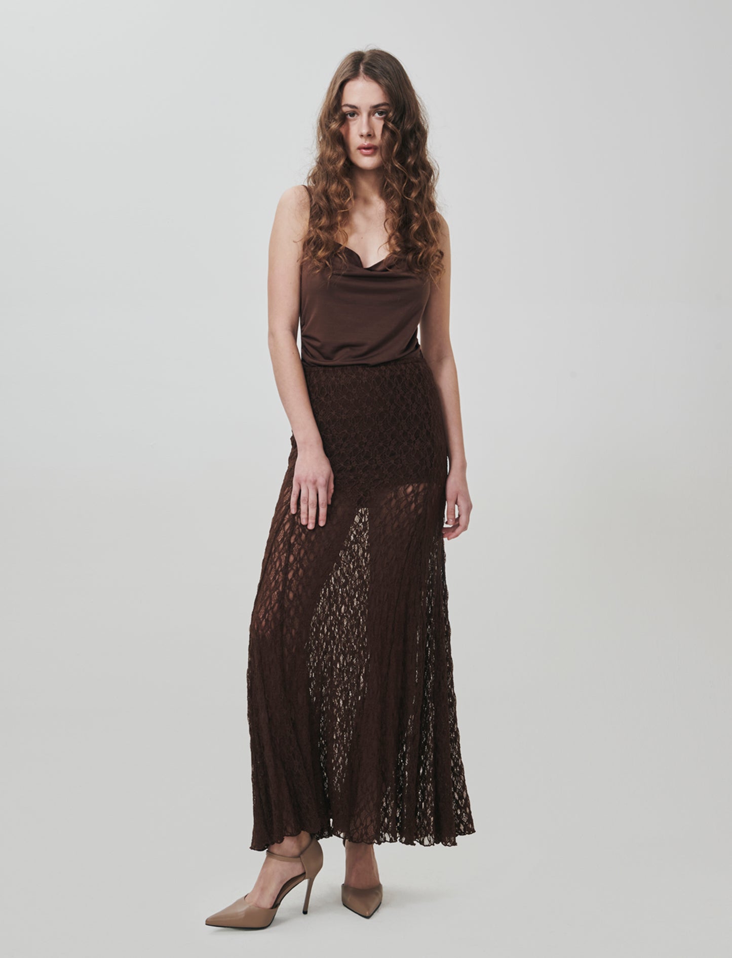 Gonna lunga in pizzo con elastico vita - Marrone cioccolato