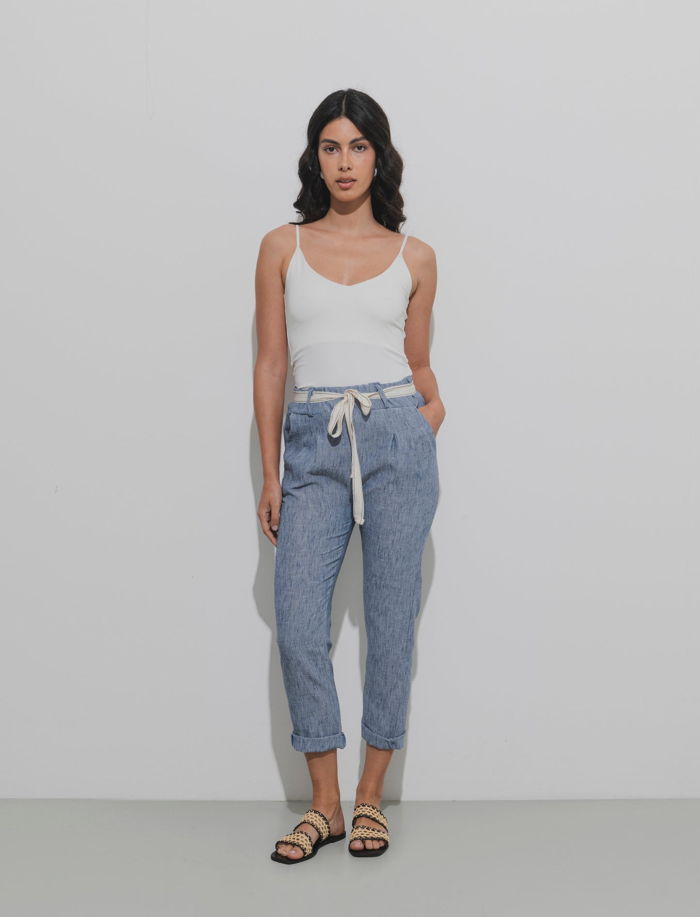 Pantalone con elastico in vita e cintura - Denim