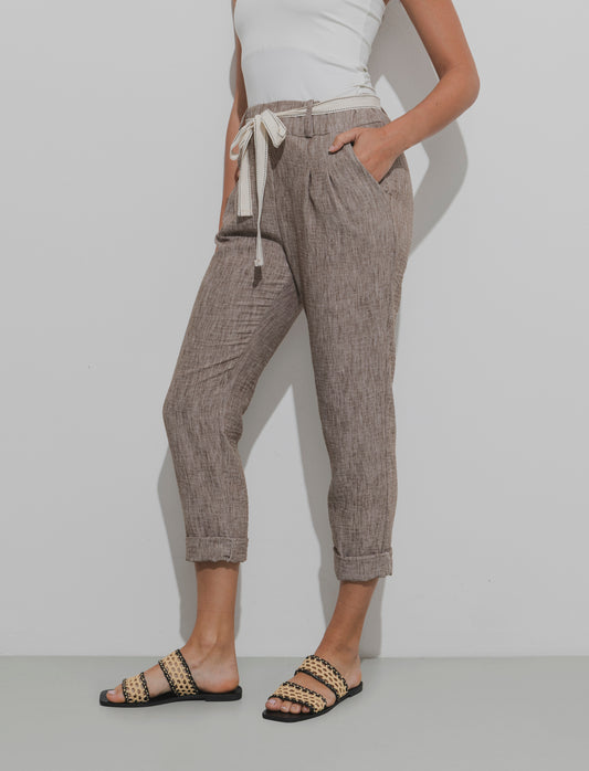 Pantalone con elastico in vita e cintura - Marrone tabacco