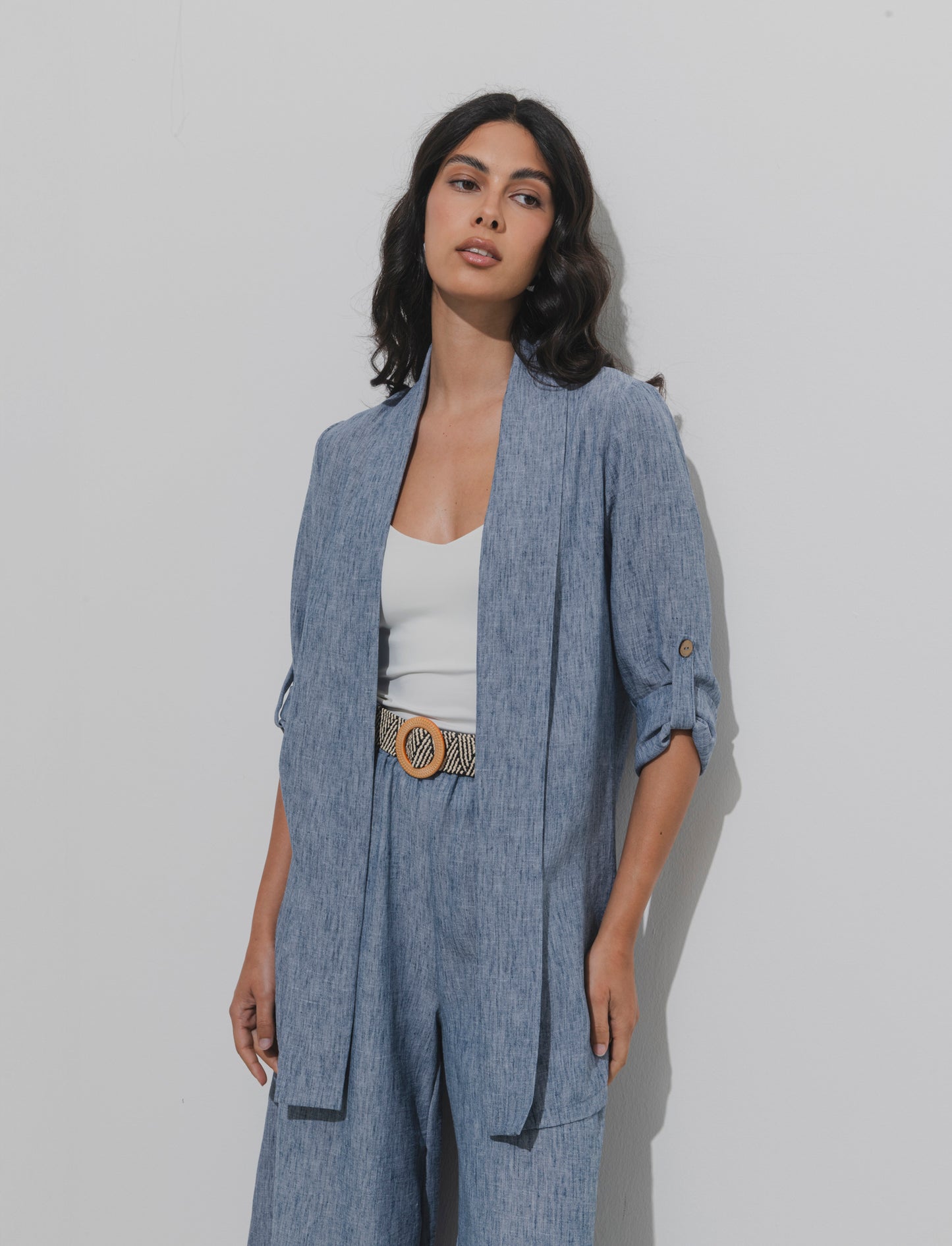 Giacca lunga destrutturata senza bottoni - Denim
