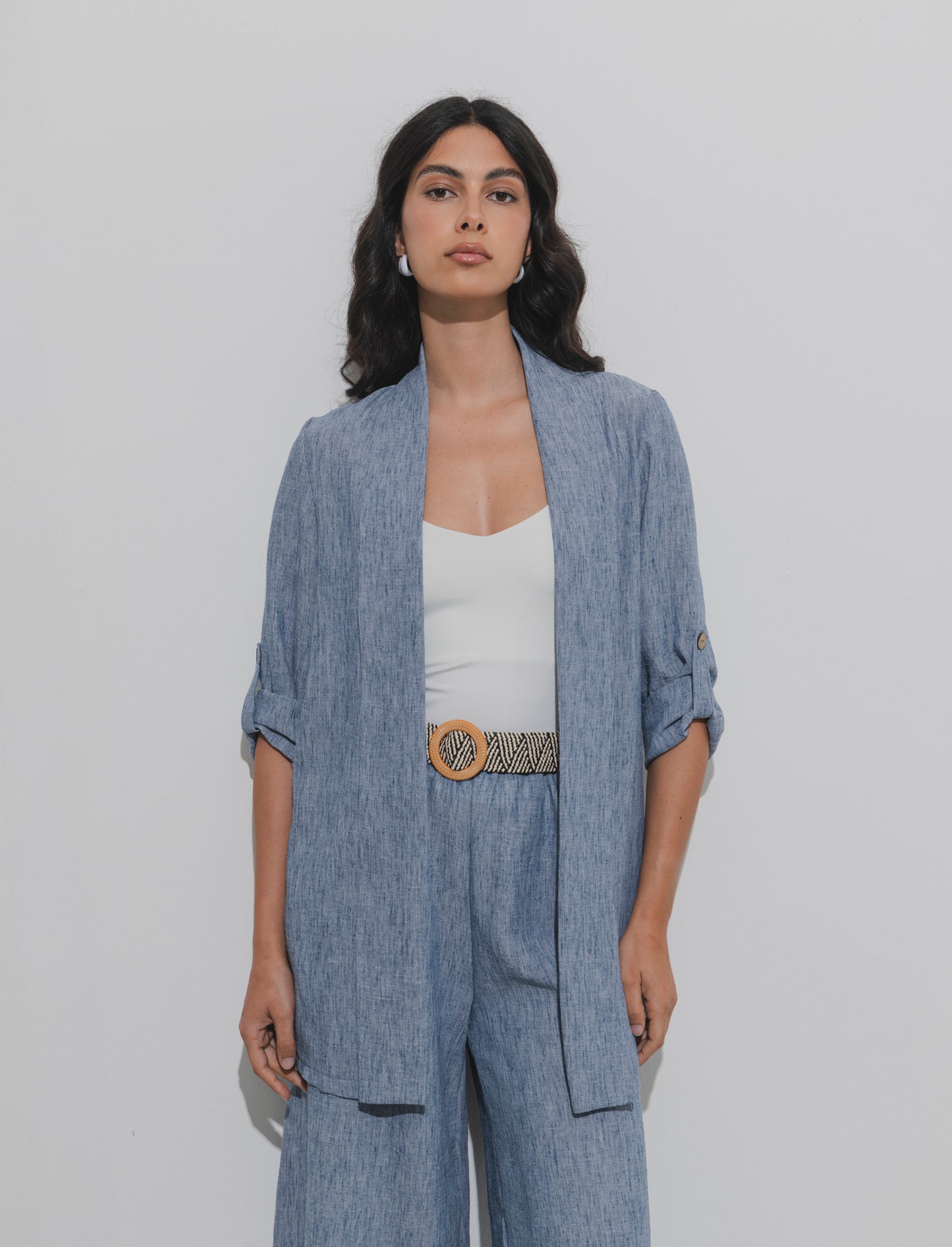 Giacca lunga destrutturata senza bottoni - Denim