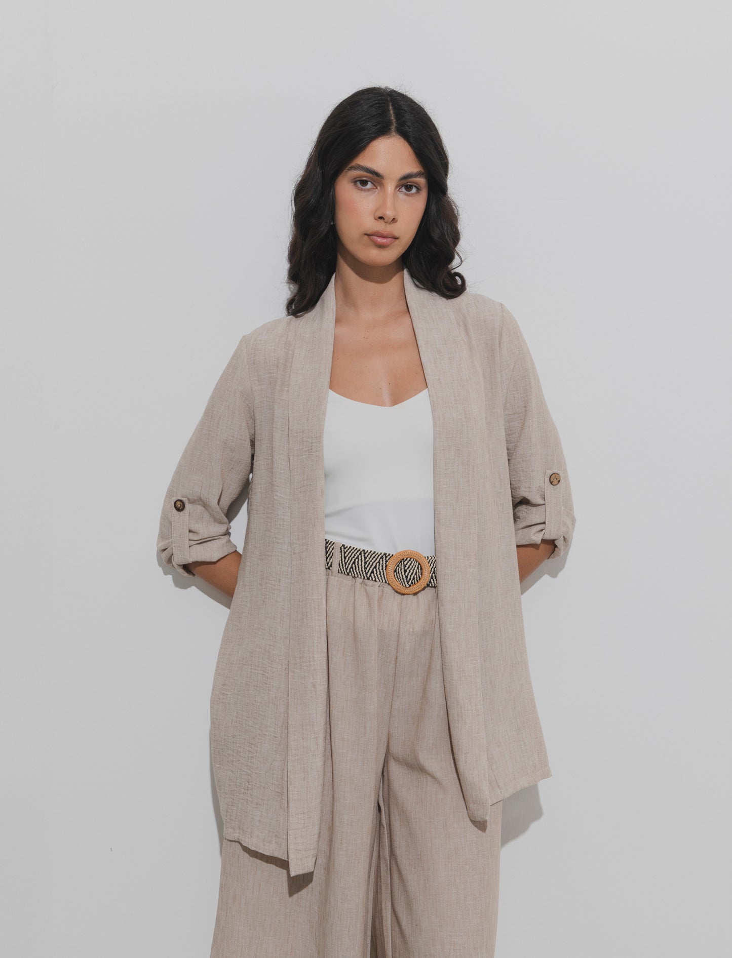 Giacca lunga destrutturata senza bottoni - Beige
