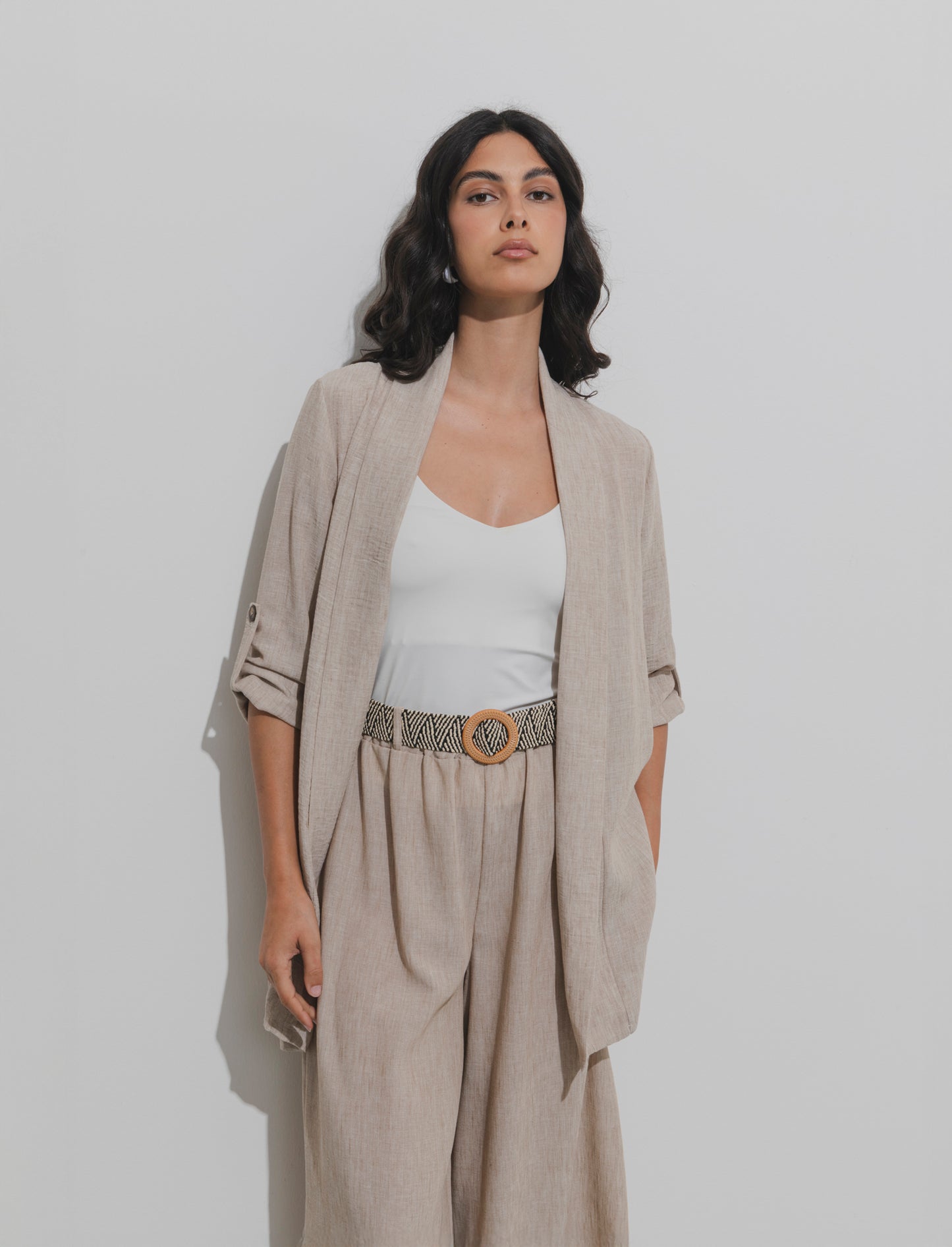 Giacca lunga destrutturata senza bottoni - Beige