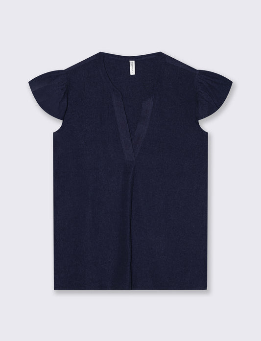 Blouse with V-neck and ruffle sleeves - Blue