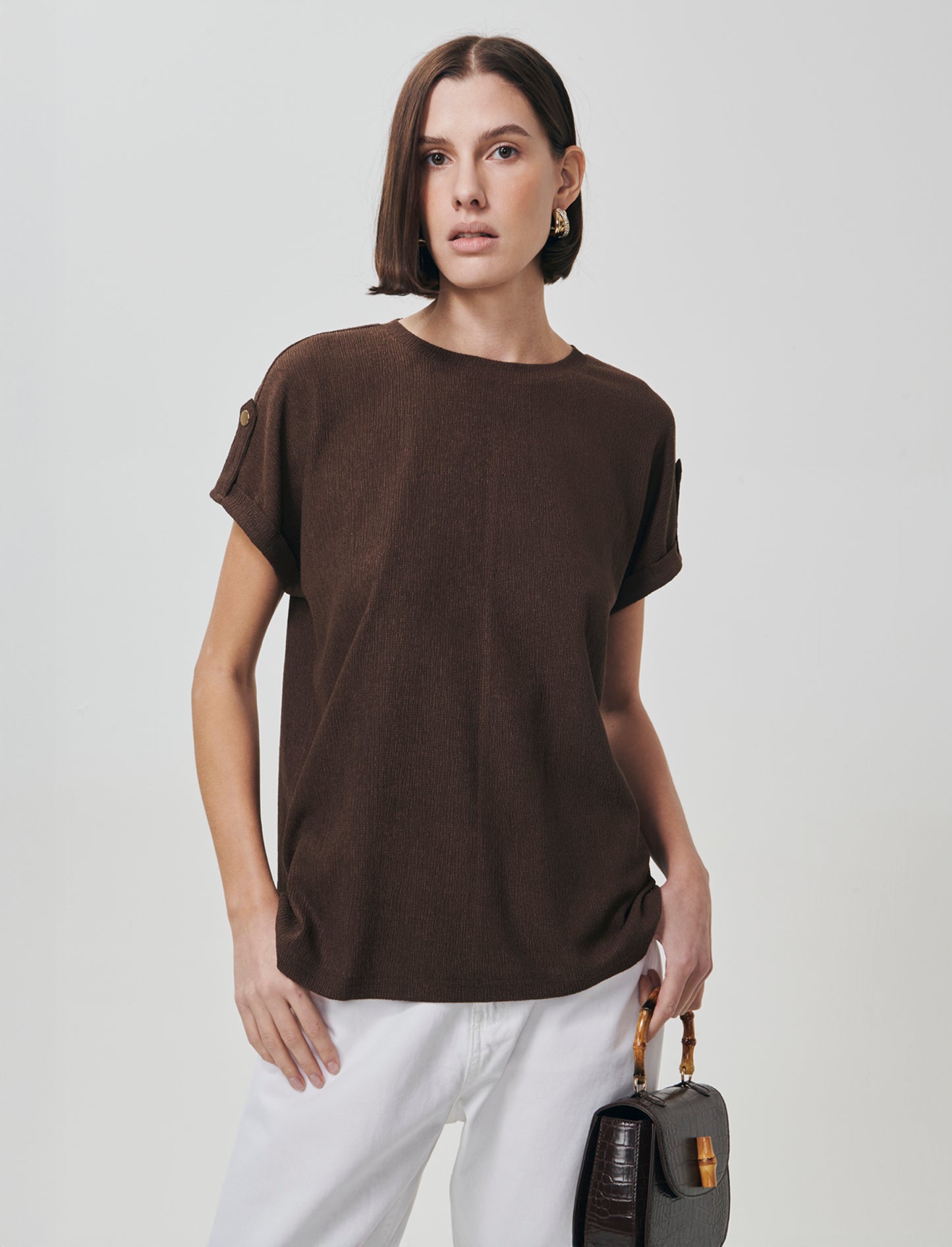 Basic Short Sleeve T-Shirt with Side Slits - Brown