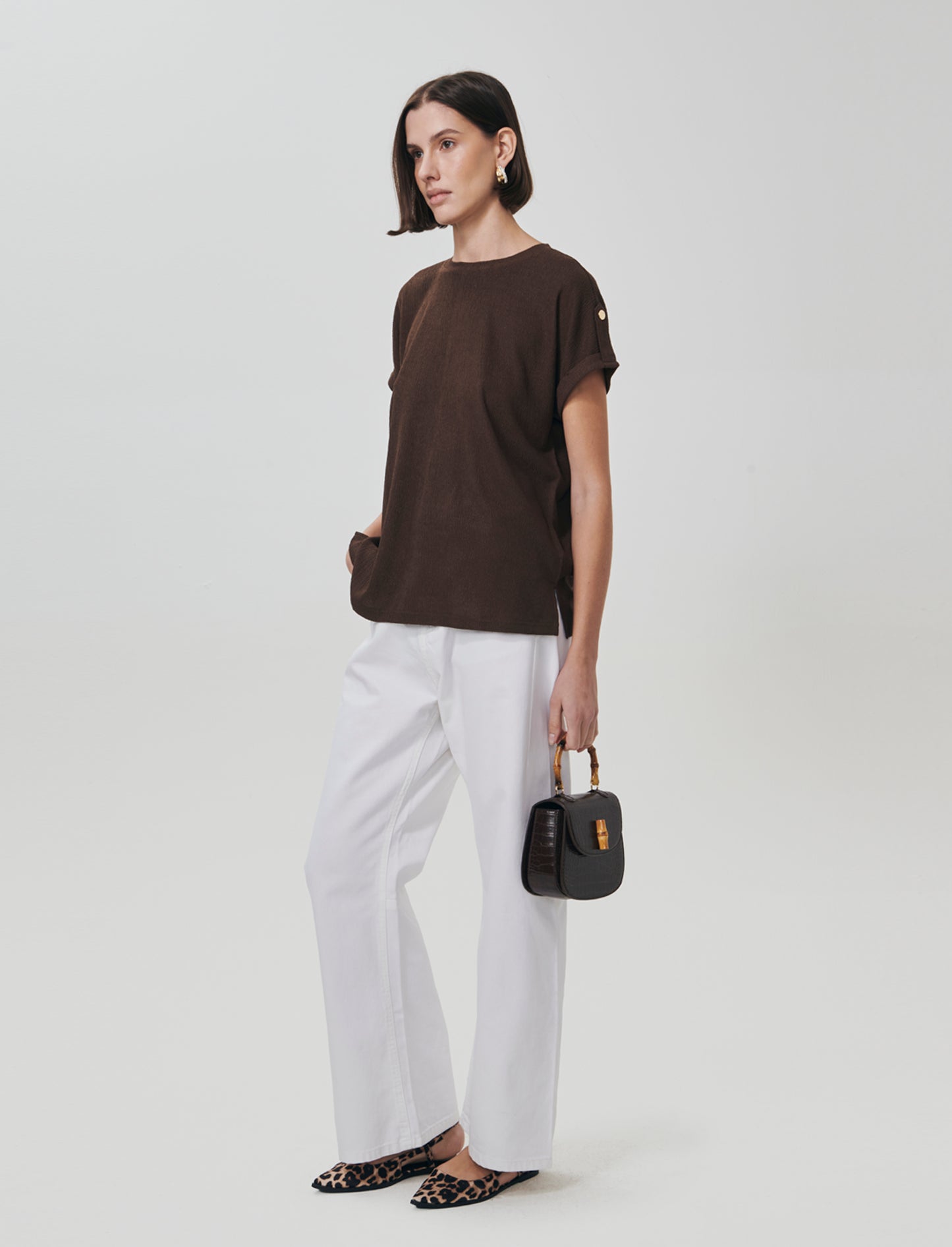 Basic Short Sleeve T-Shirt with Side Slits - Brown