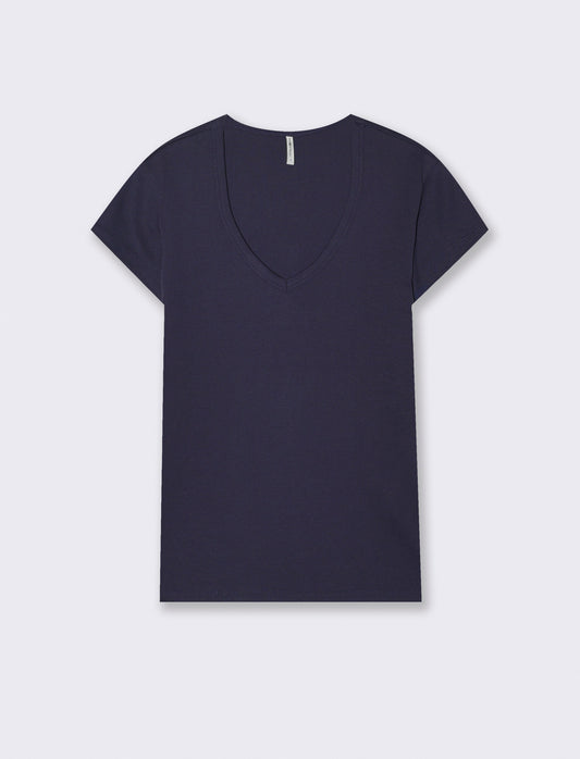 Basic ribbed T-shirt with V-neck - Blue
