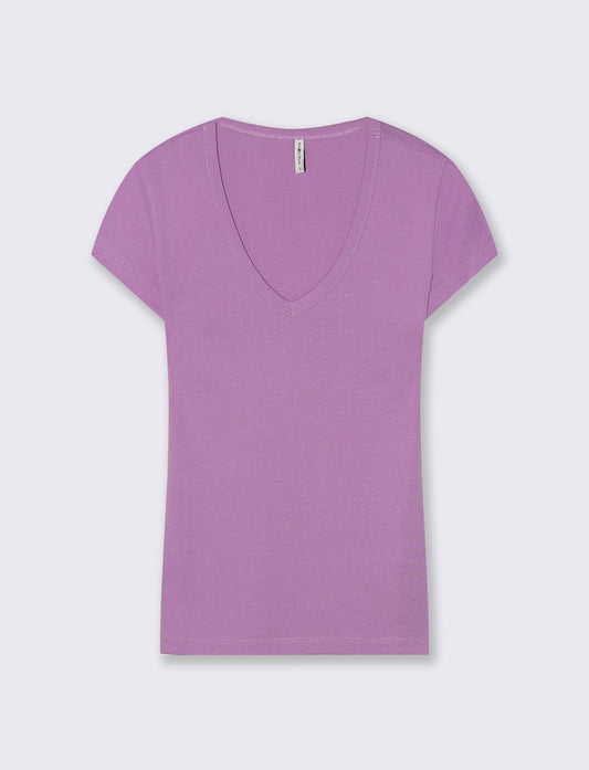 Basic ribbed T-shirt with V-neck - Purple