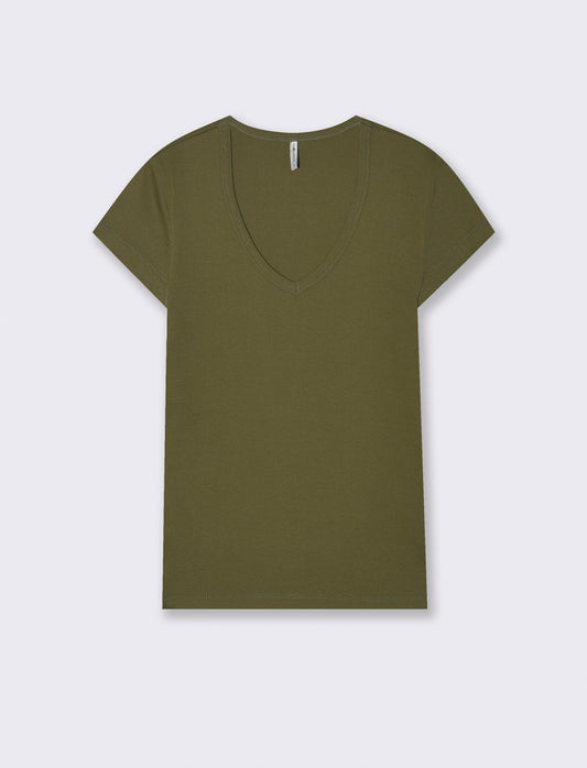 Basic ribbed T-shirt with V-neck - Green