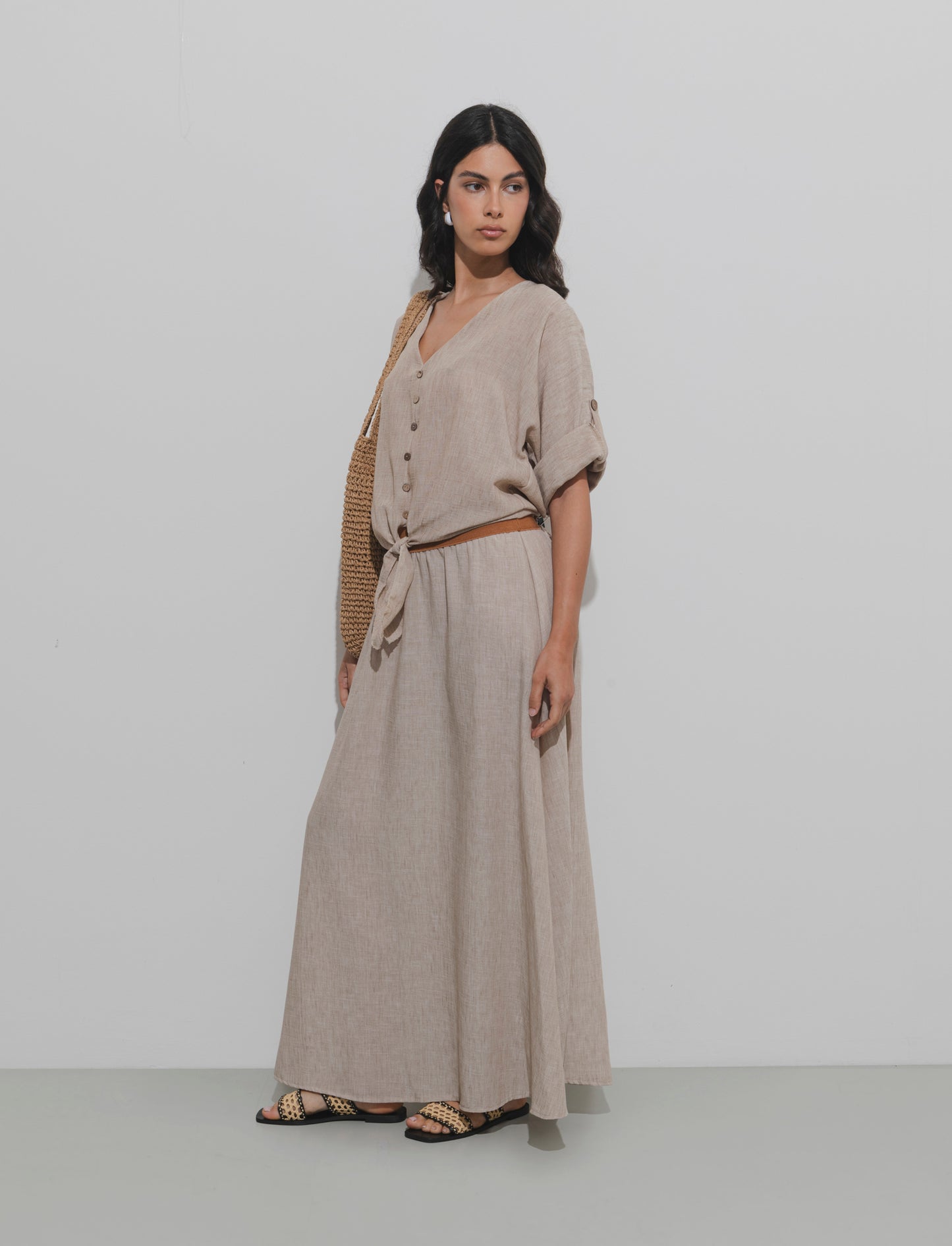 Gonna lunga con elastico in vita - Beige