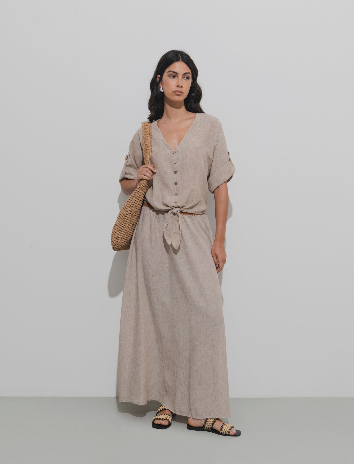 Gonna lunga con elastico in vita - Beige
