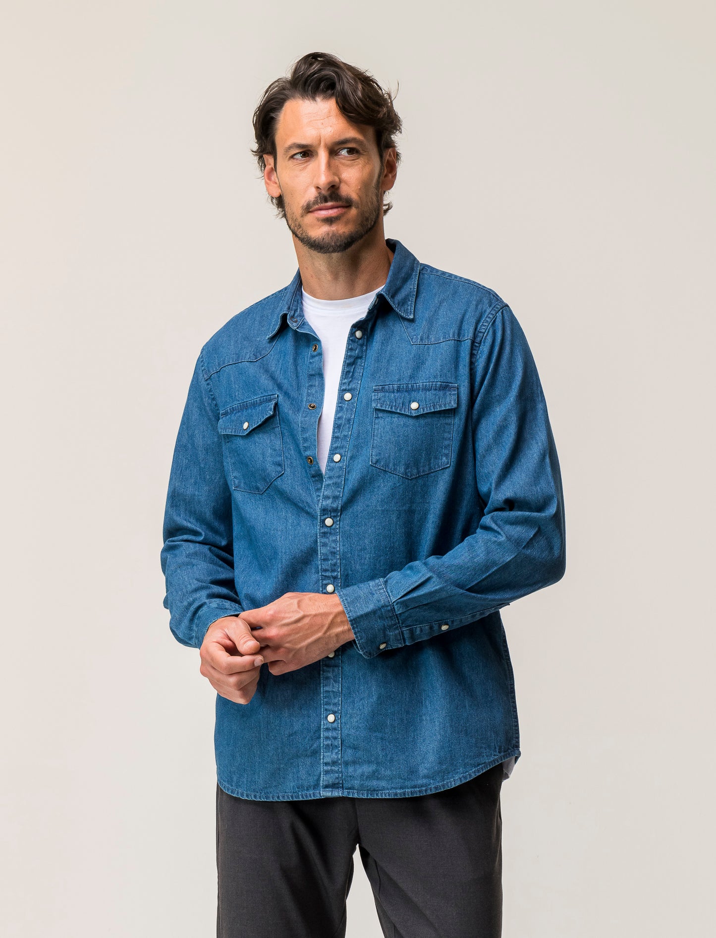 Men's Regular Fit Denim Shirt with Pockets - Blue