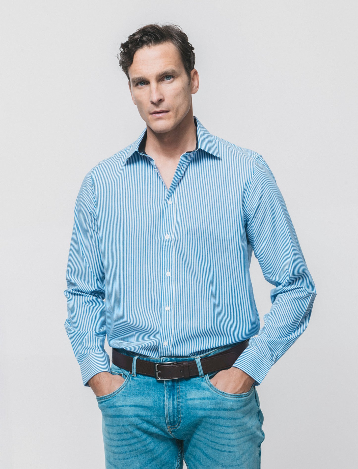 Camicia Regular Fit Easy Iron Unita e Fantasia - Bluette