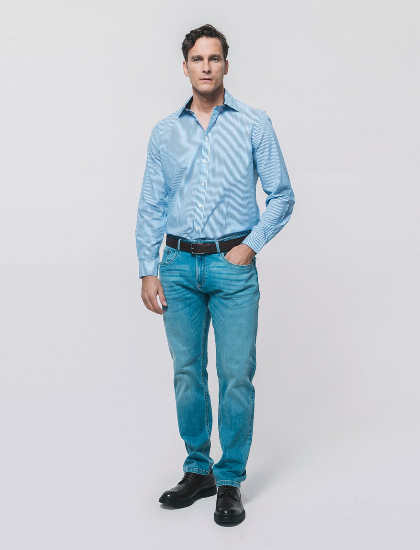 Camicia Regular Fit Easy Iron Unita e Fantasia - Bluette