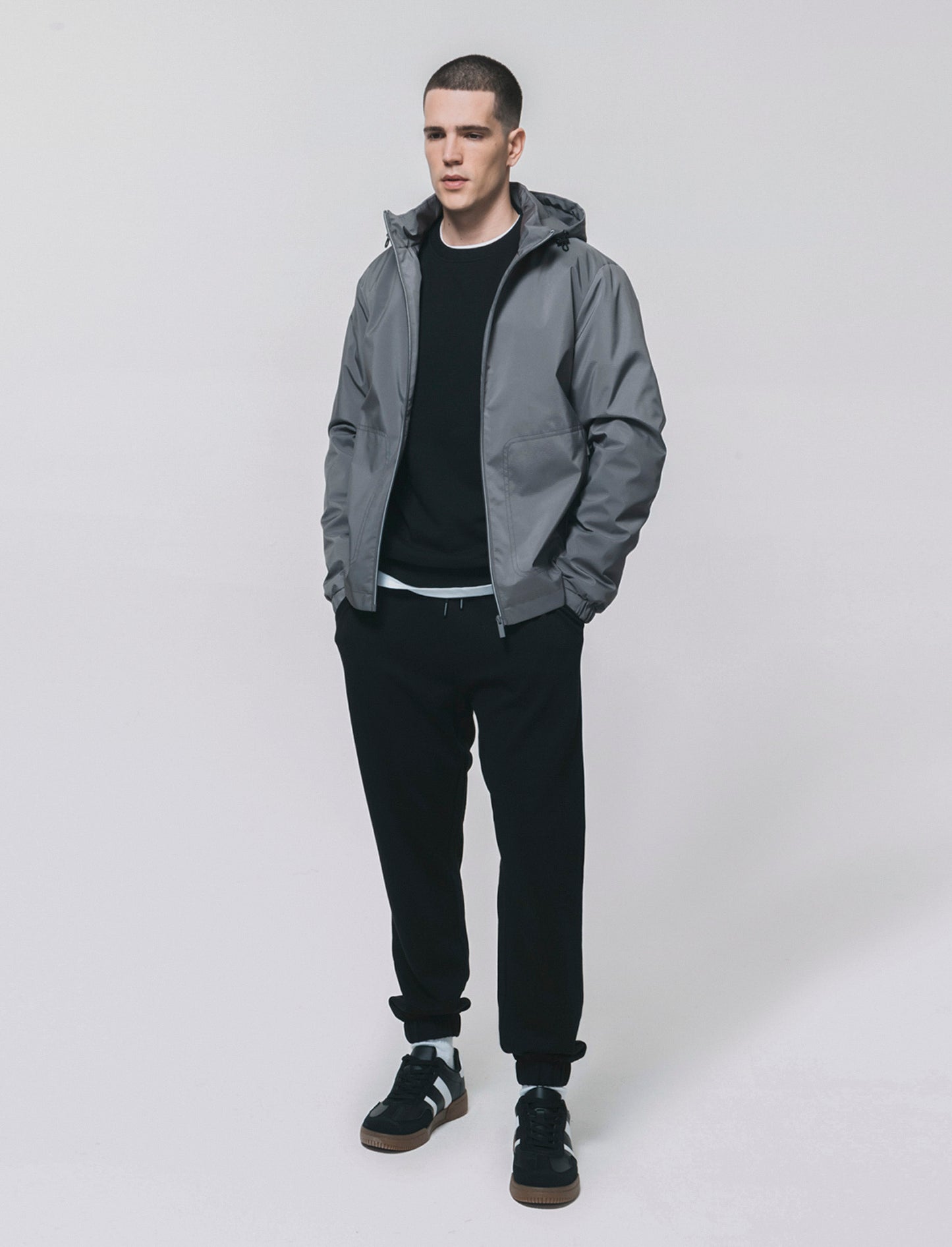 Windbreaker Jacket with Adjustable Hood - Grey