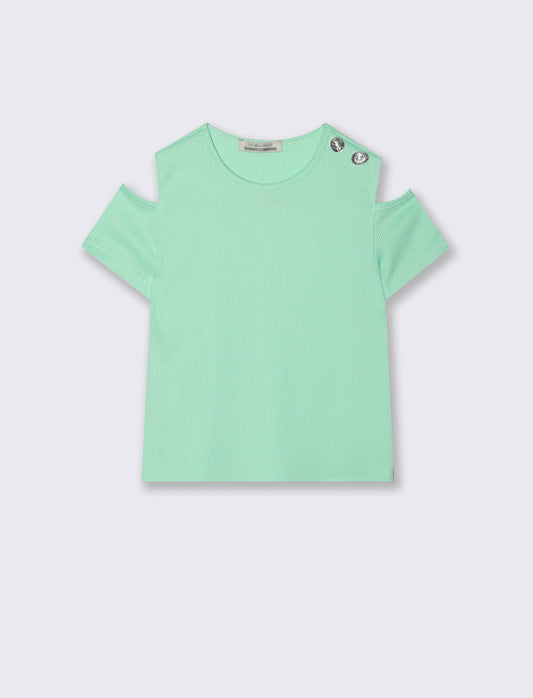 T-shirt mezza manica da bambina in costina elastica. - Verde
