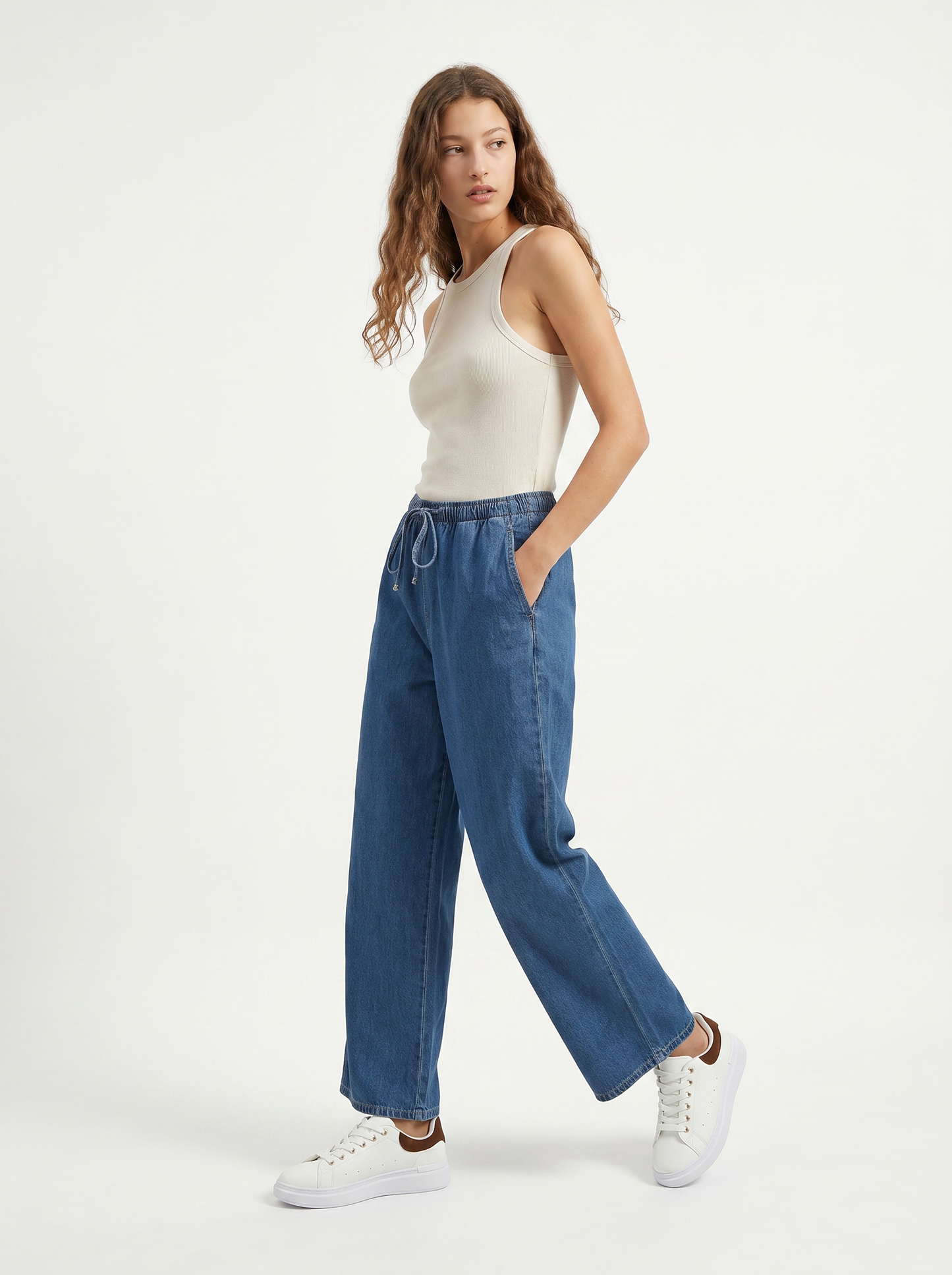 Pantalone jogger wide leg con tasche - Denim