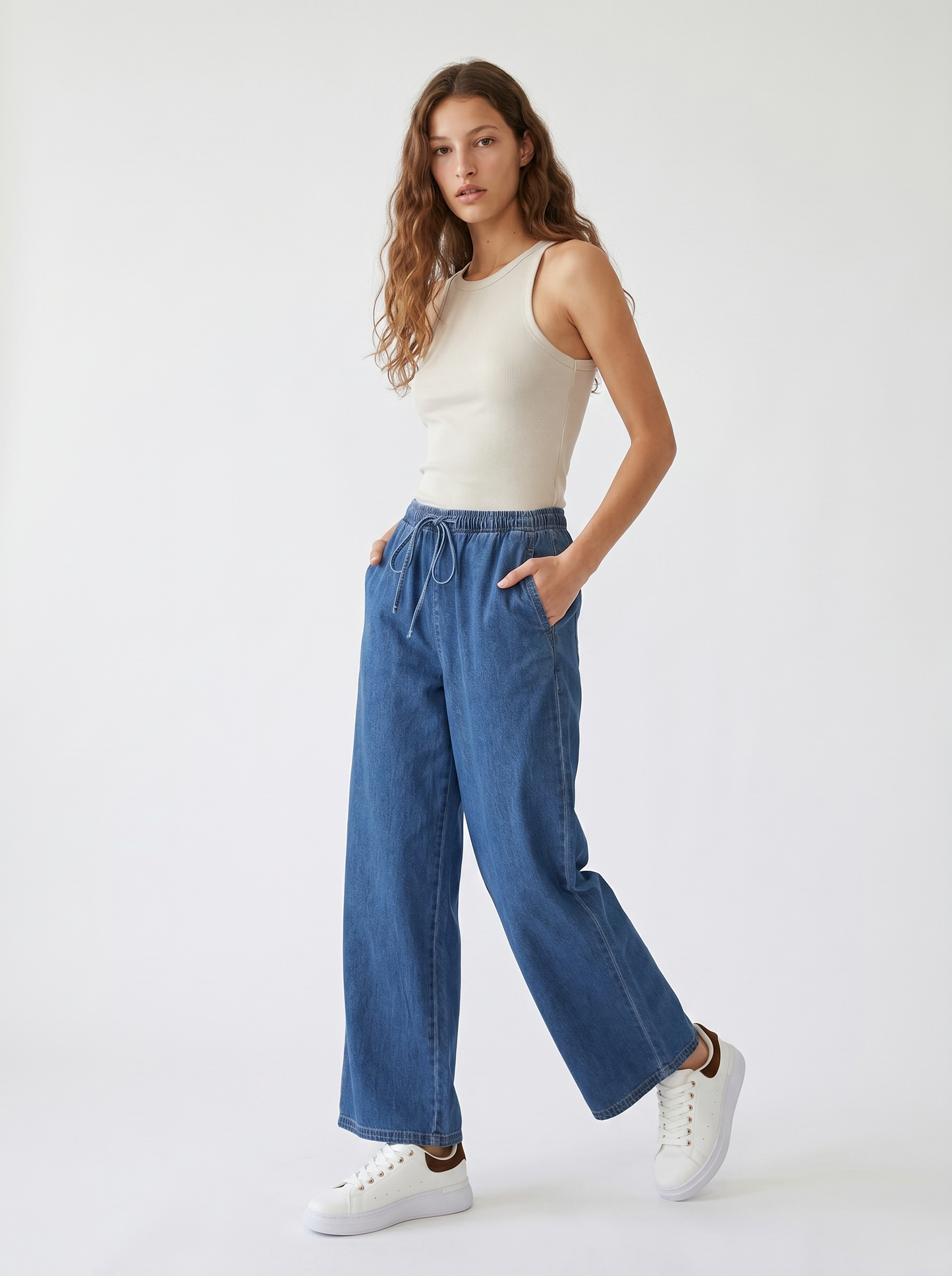 Pantalone jogger wide leg con tasche - Denim