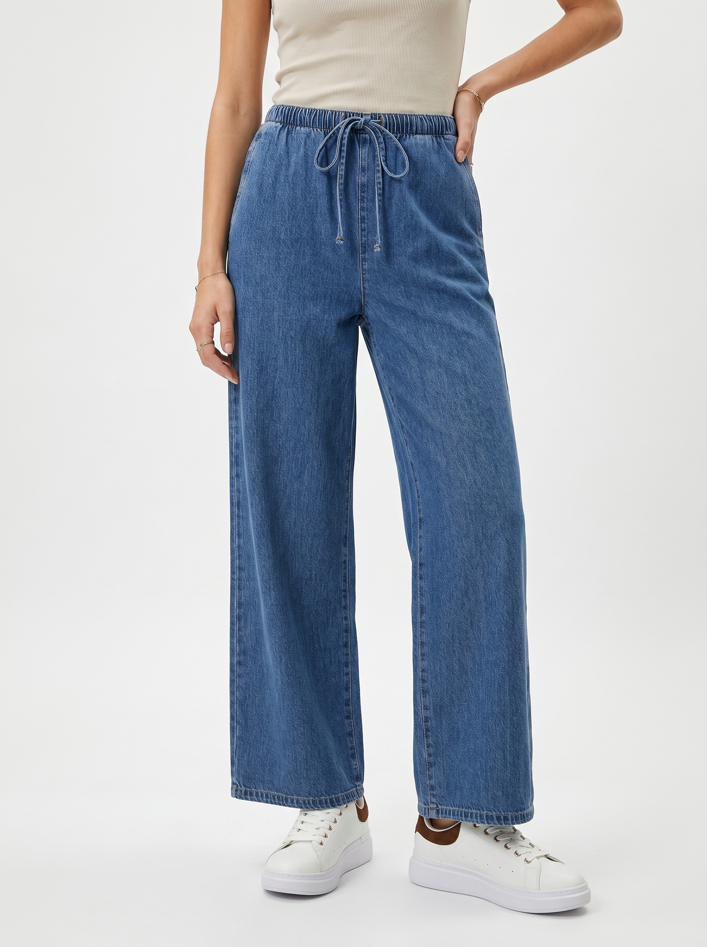Pantalone jogger wide leg con tasche - Denim