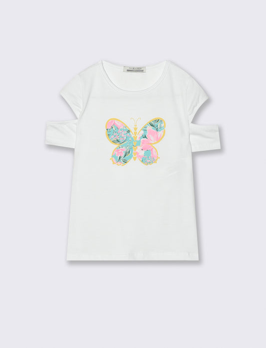 T-shirt mezza manica con stampa farfalla. - Bianco