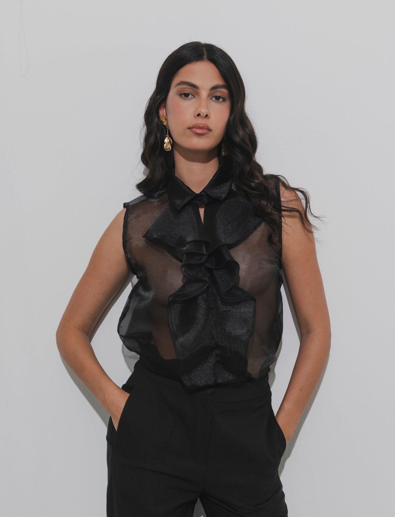 Casacca in organza con rouches - Nero