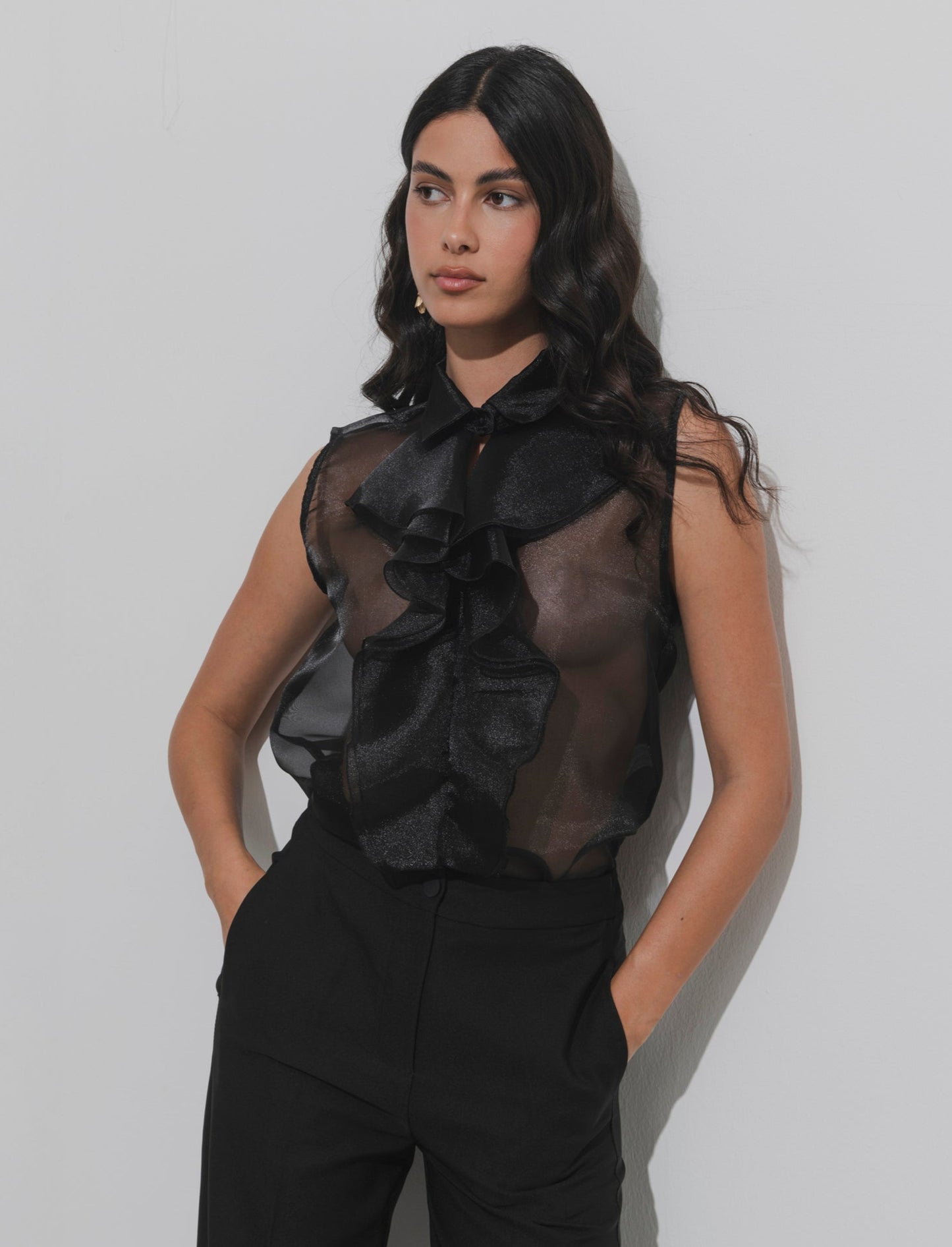 Casacca in organza con rouches - Nero