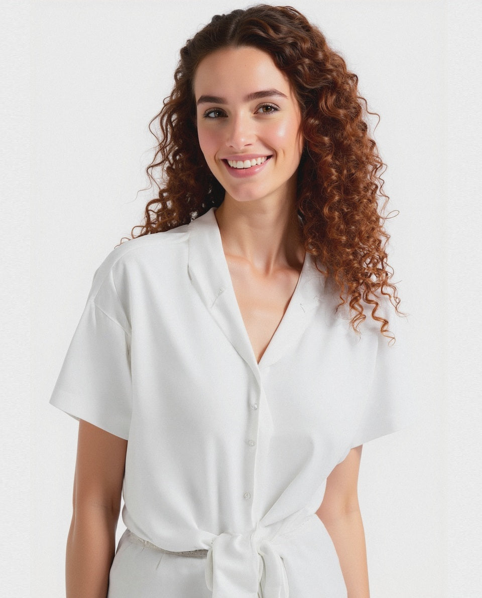 Camicia mezza manica con scollo aperto - Bianco latte