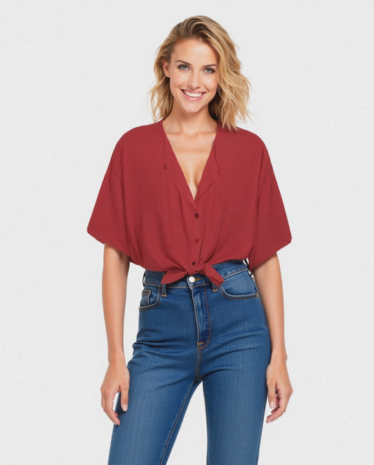 Camicia mezza manica con scollo aperto - Rosso india