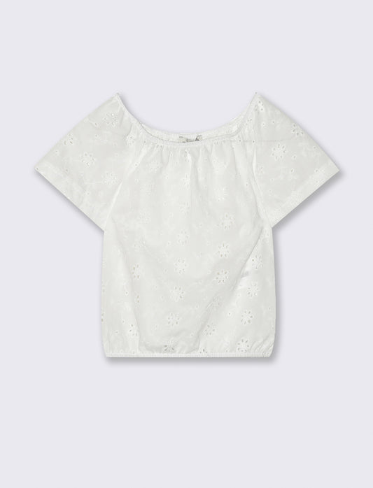 T-shirt mezza manica in pizzo san gallo. - Bianco