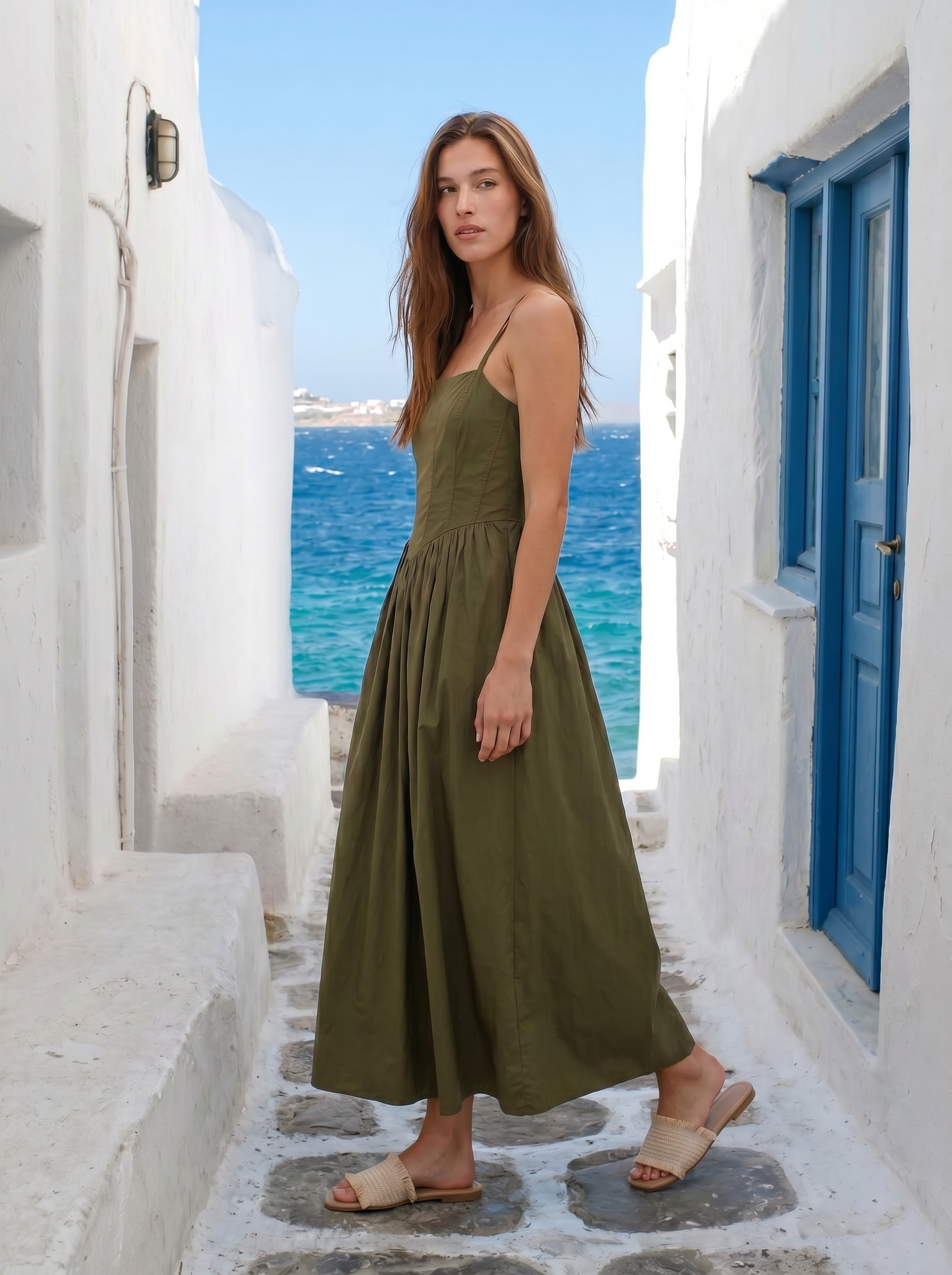 Vestito lungo in cotone con bretelle - Kaky 1