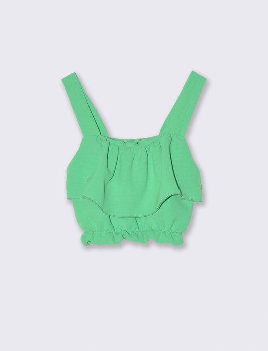 Top corto con balza in tessuto leggero. - Verde