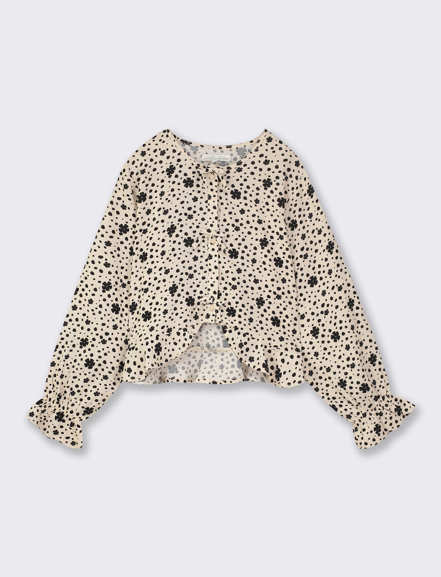 Soft Printed Viscose Blouse with Front Buttoning and Decorative Bow Details - Beige