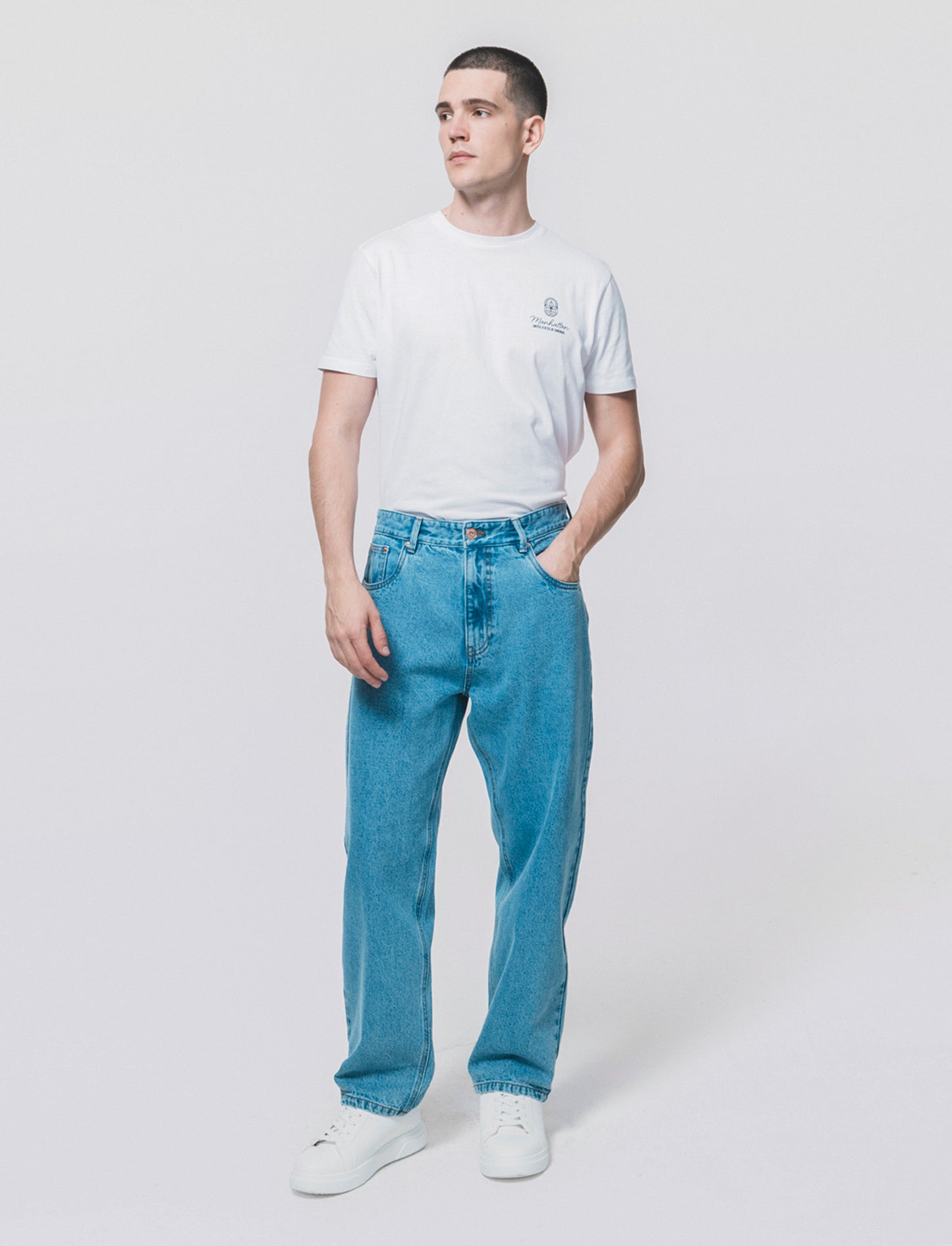 Jeans Baggy Fit Blu Medio Effetto Slavato - Denim