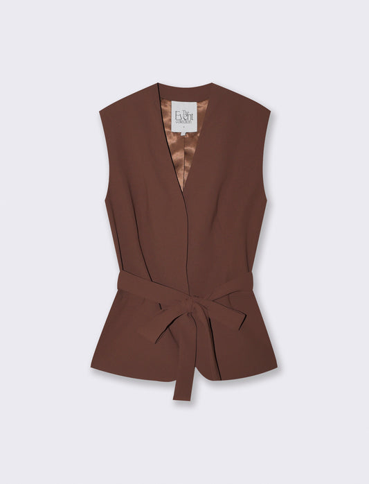 Gilet con Cintura e Scollo a V - Cacao