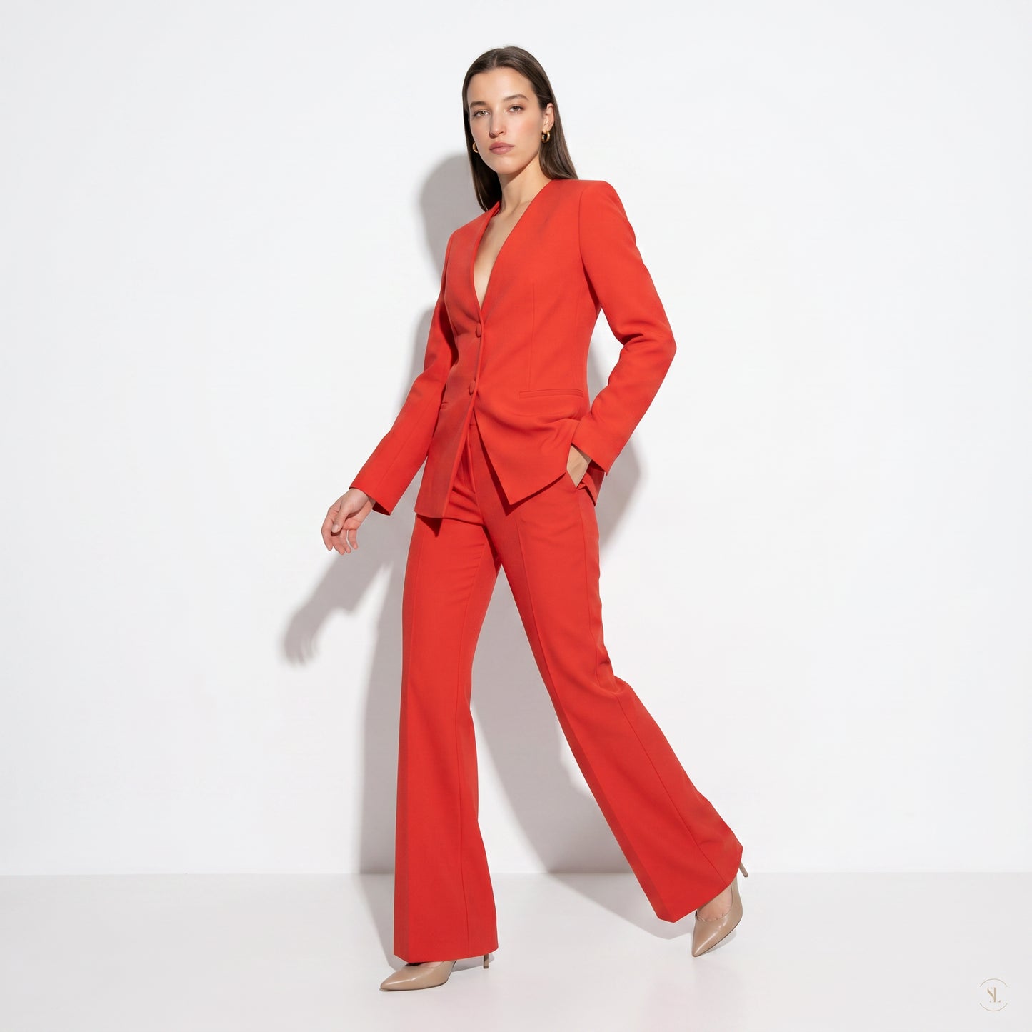 Single-Breasted Blazer with V-Neck and Buttons - Orange