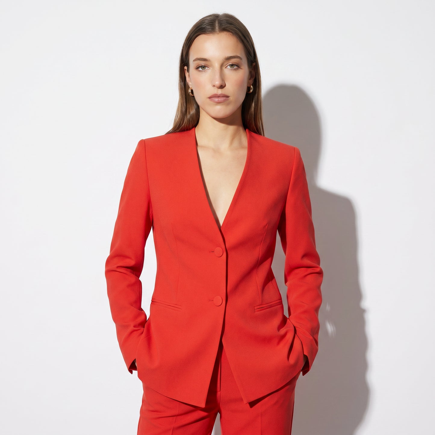 Single-Breasted Blazer with V-Neck and Buttons - Orange