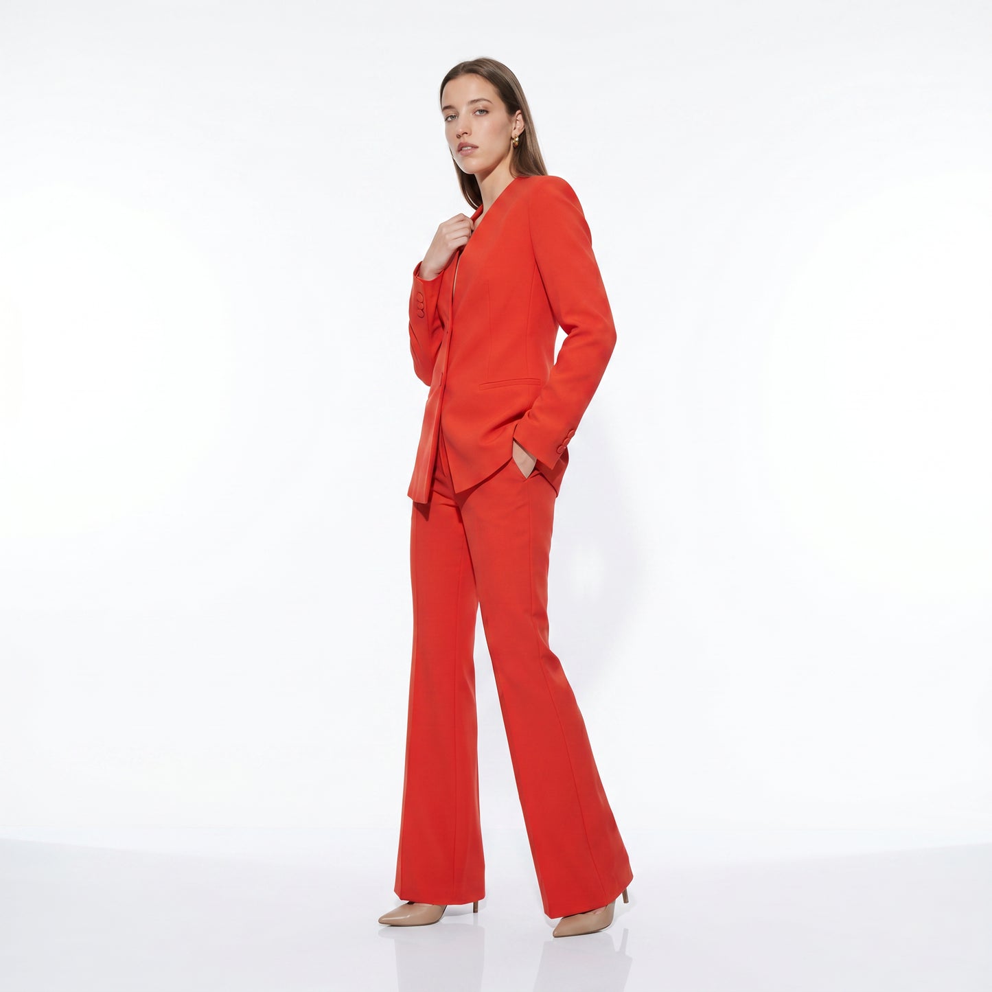 Single-Breasted Blazer with V-Neck and Buttons - Orange