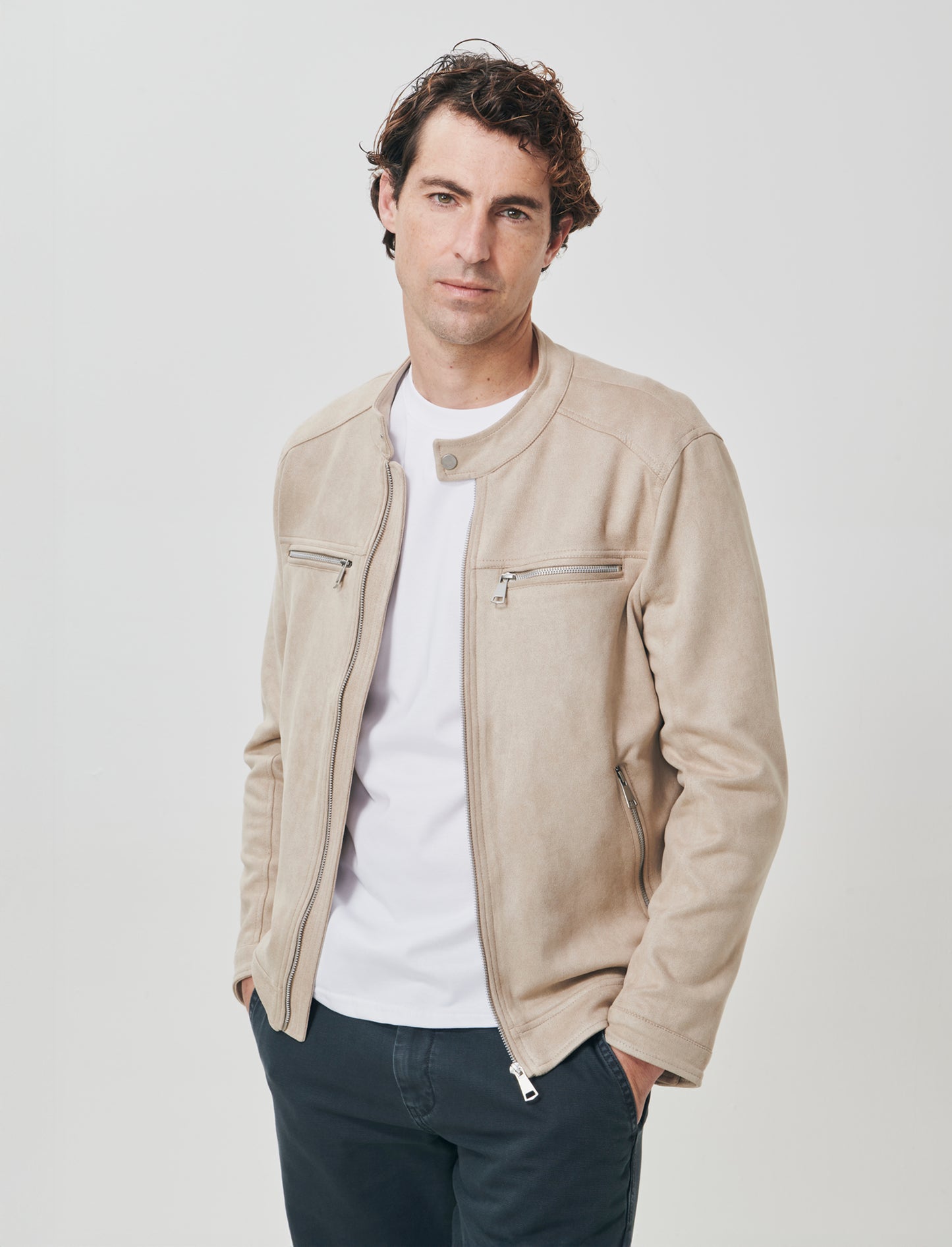 Suede effect biker jacket - Beige