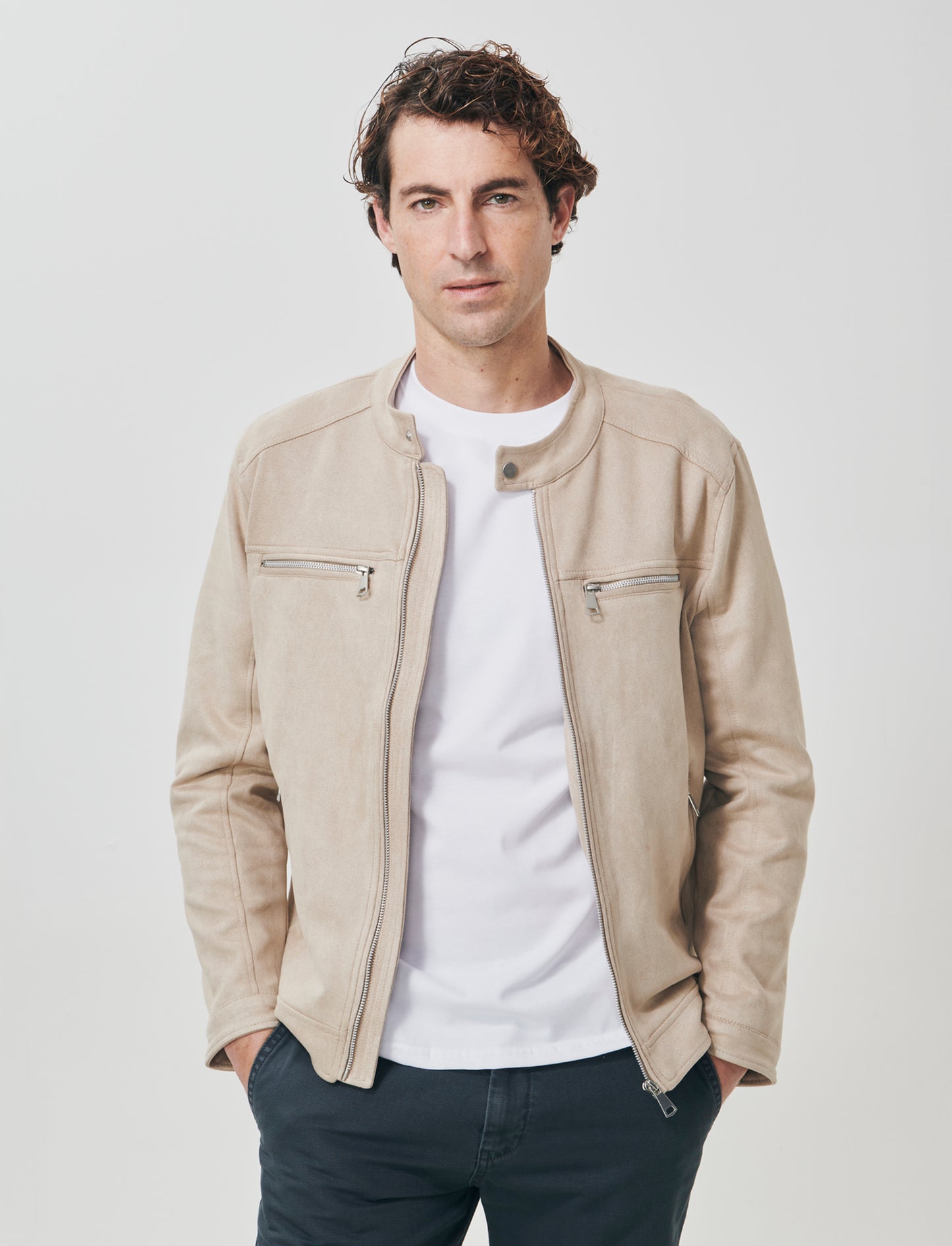 Suede effect biker jacket - Beige