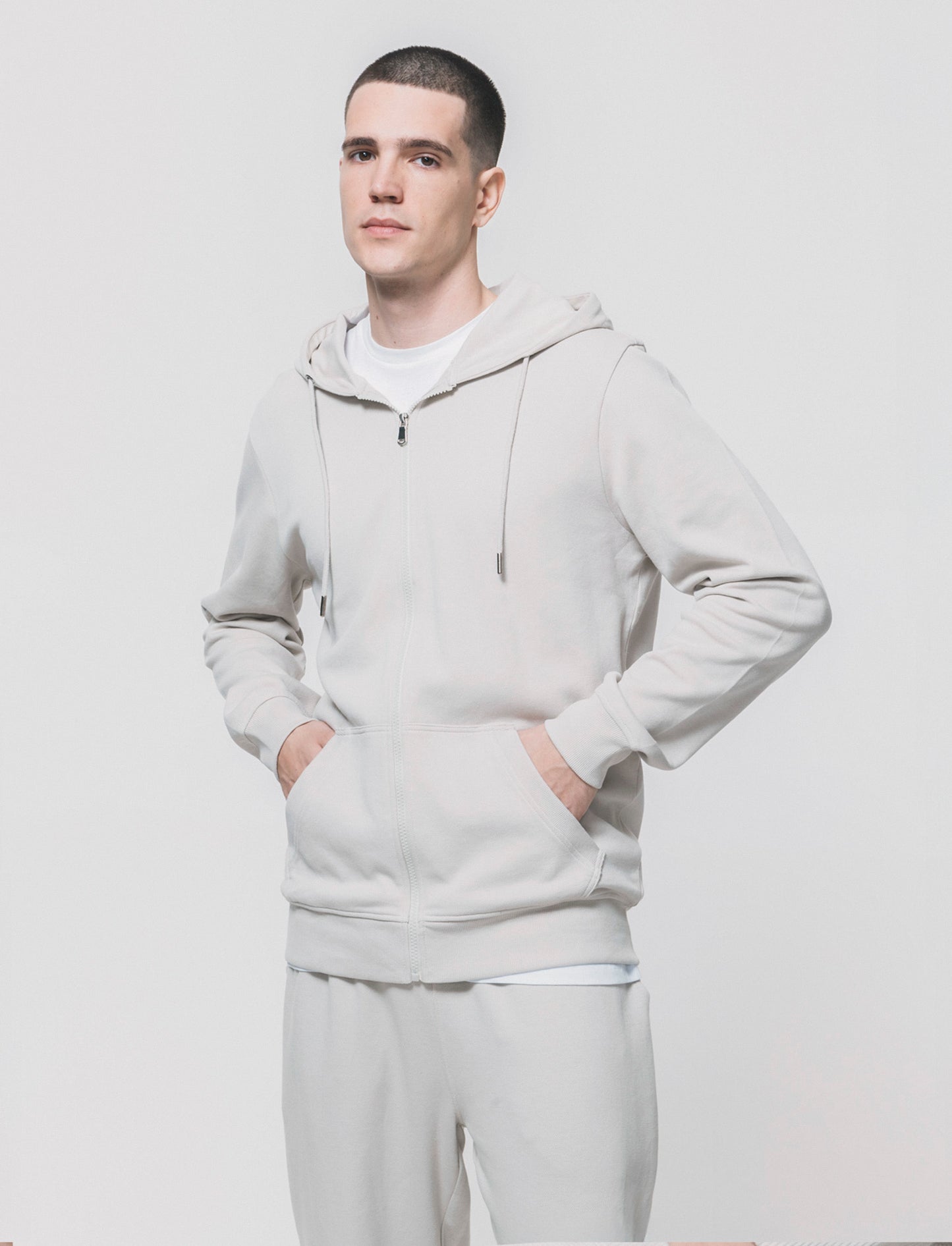 Pique sweatshirt with zipper and hood - Grey