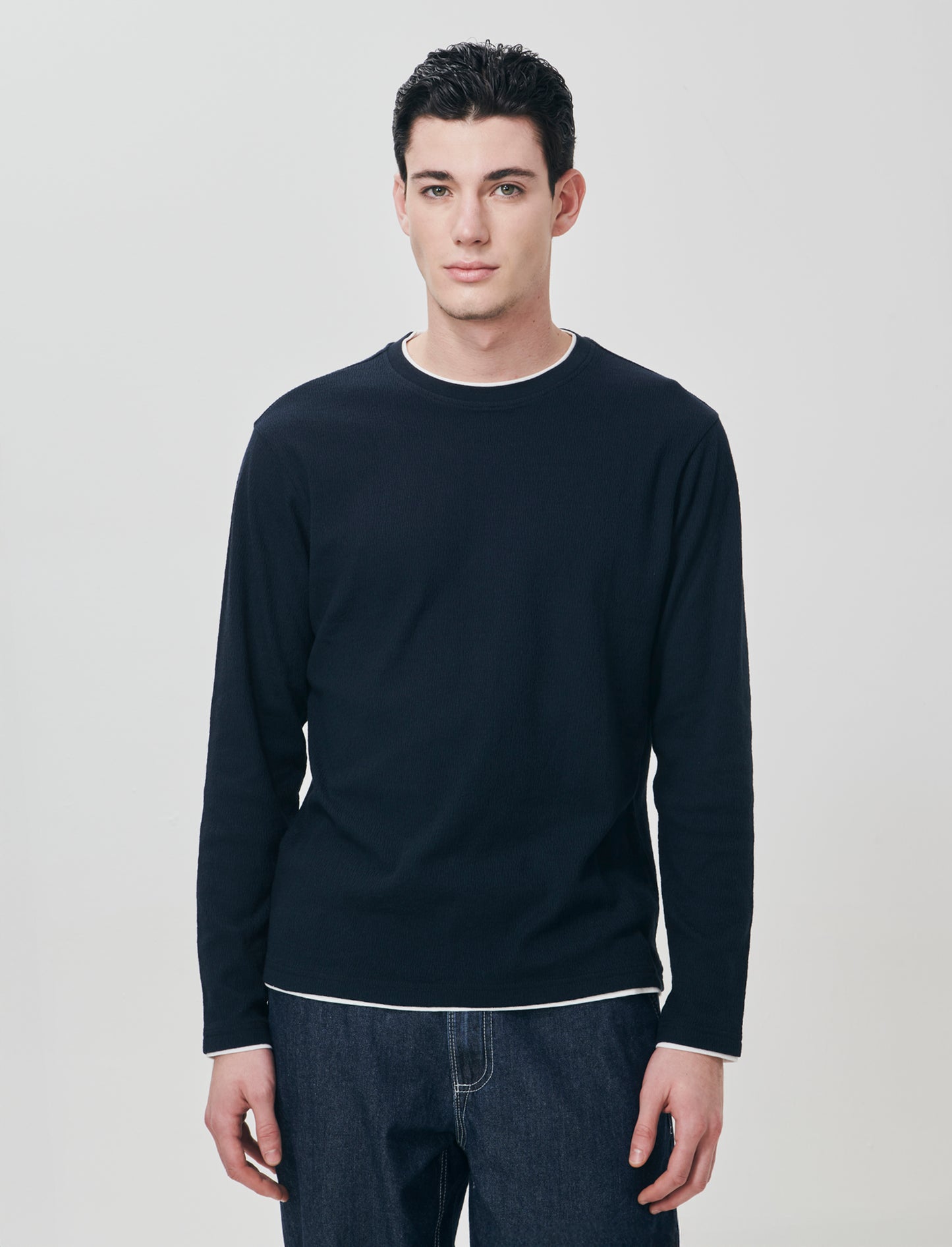 Maglia girocollo jacquard in misto cotone - Blu
