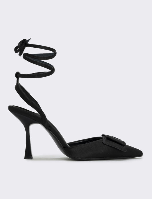 Décolletè in satin con laccio e fiocco - Nero