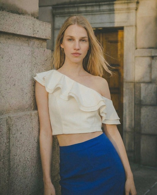Top Monospalla con Rouches e Zip Lato - Bianco