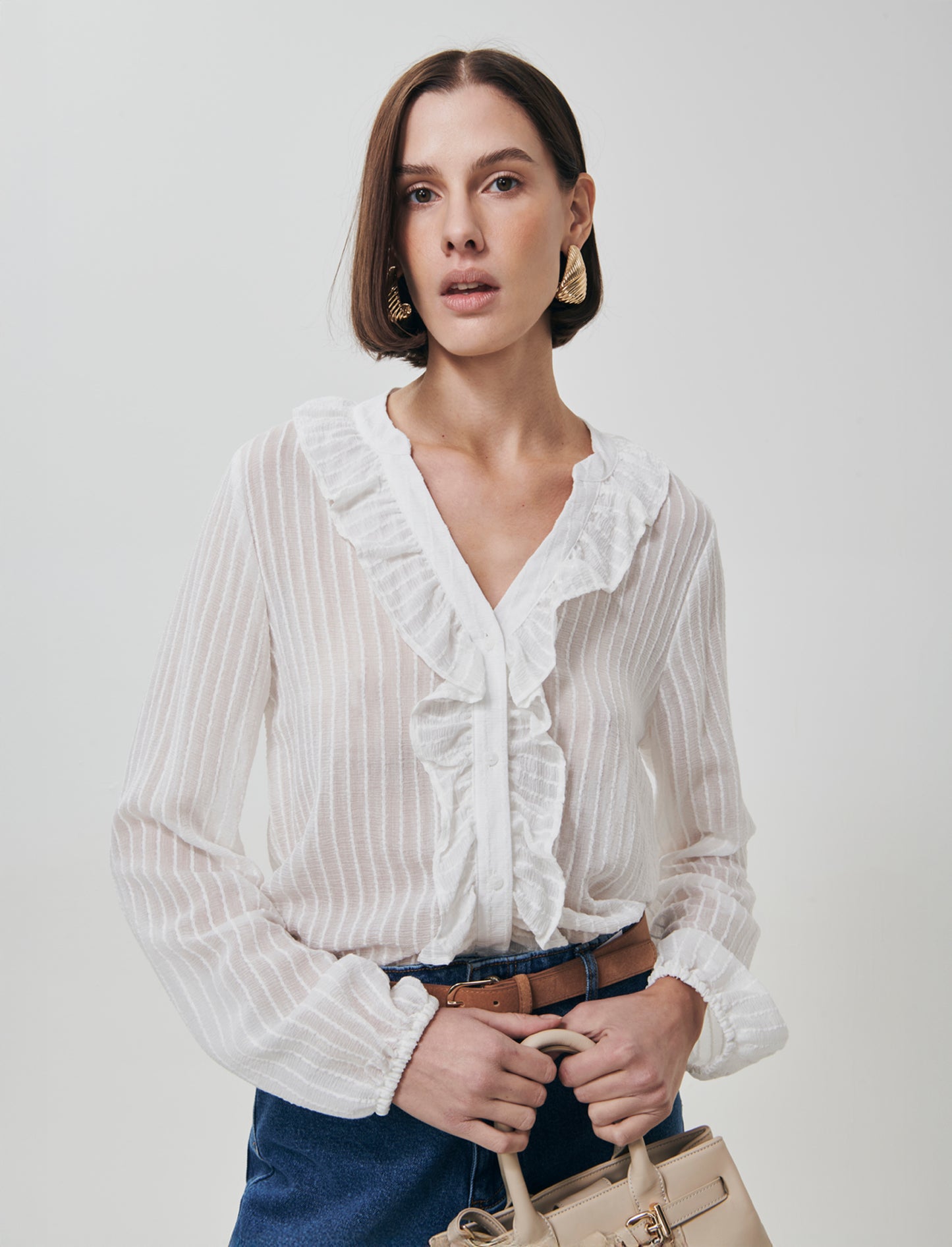Shirt with Ruffles and Korean Collar - Beige