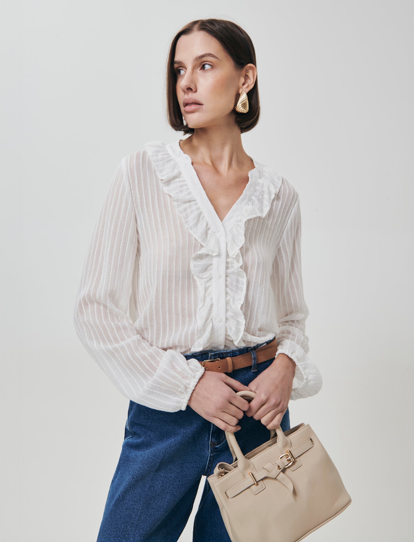 Shirt with Ruffles and Korean Collar - Beige