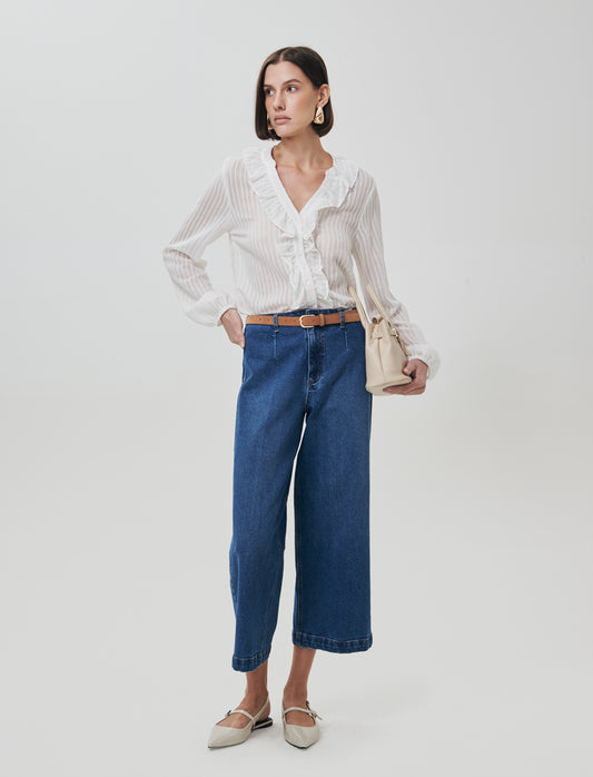 Camicia con Rouches e Collo Coreano - Avorio