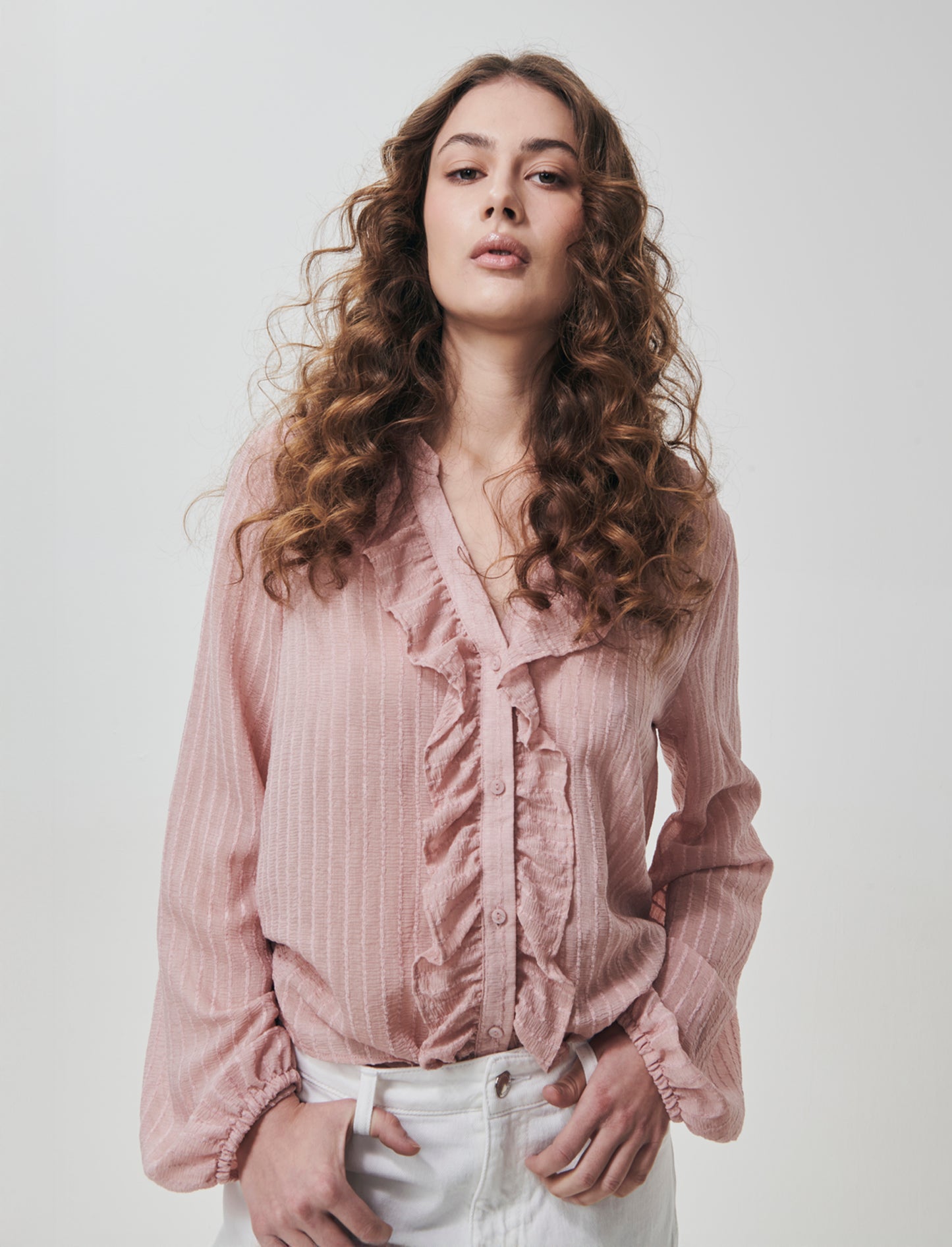 Camicia con Rouches e Collo Coreano - Rosa antico