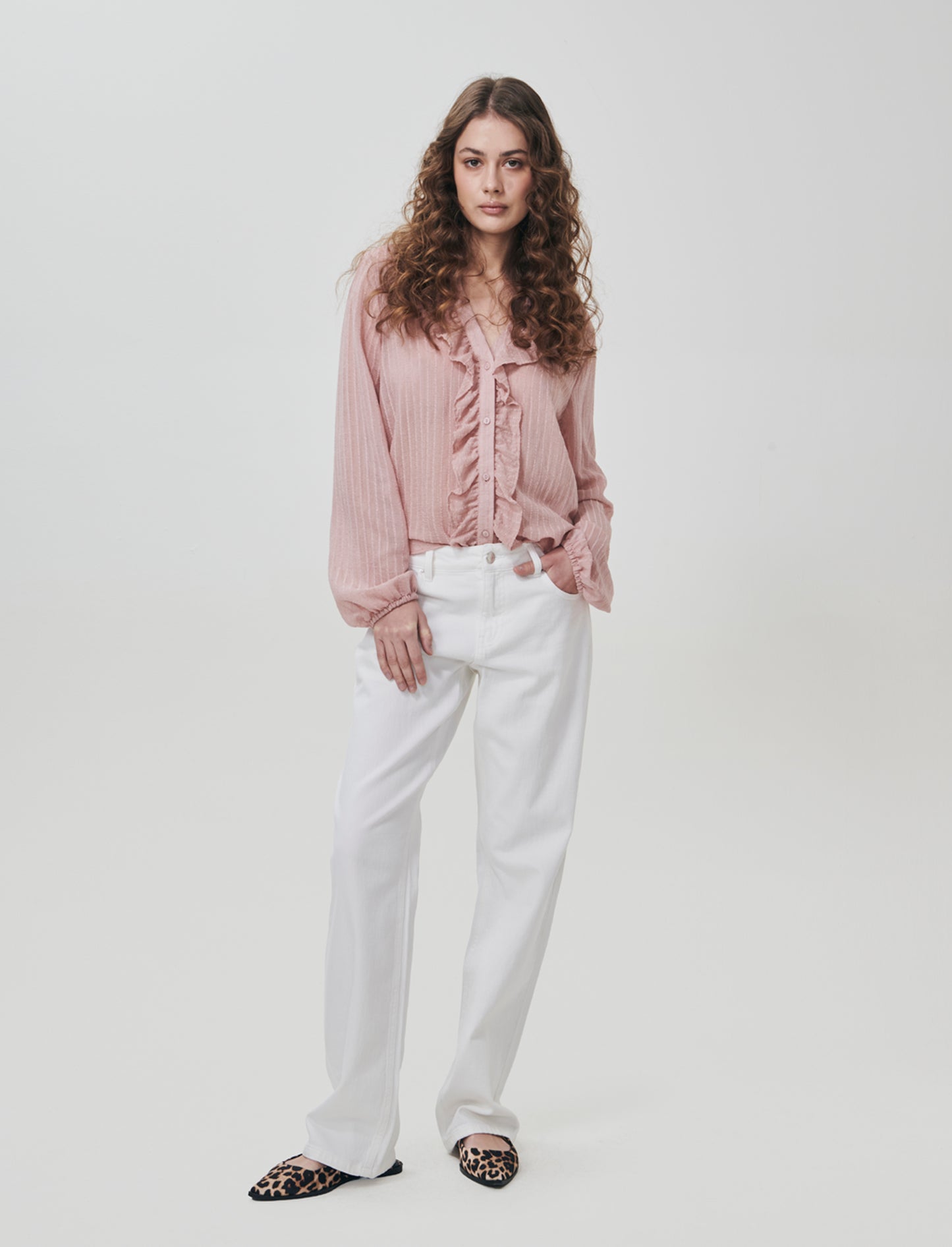 Camicia con Rouches e Collo Coreano - Rosa antico
