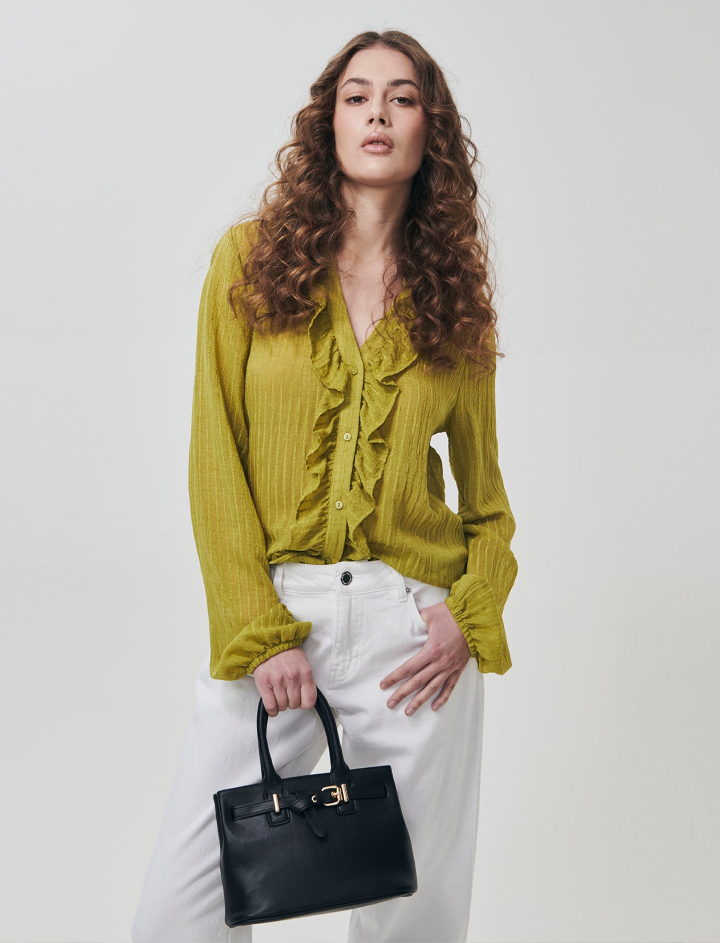 Camicia con Rouches e Collo Coreano - Verde pistacchio